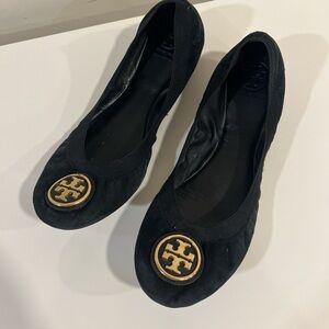 Tory Burch Black Suede Logo Ballet Flats with Gold Emblem